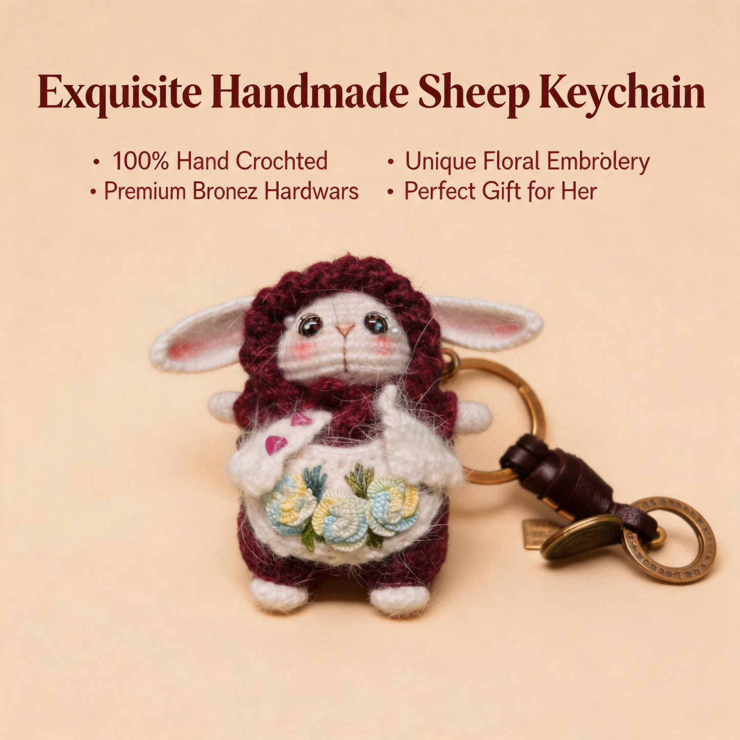 The Artist Bunny Keychain | Handmade Wool & Crochet Key Ring with Floral Embroidery