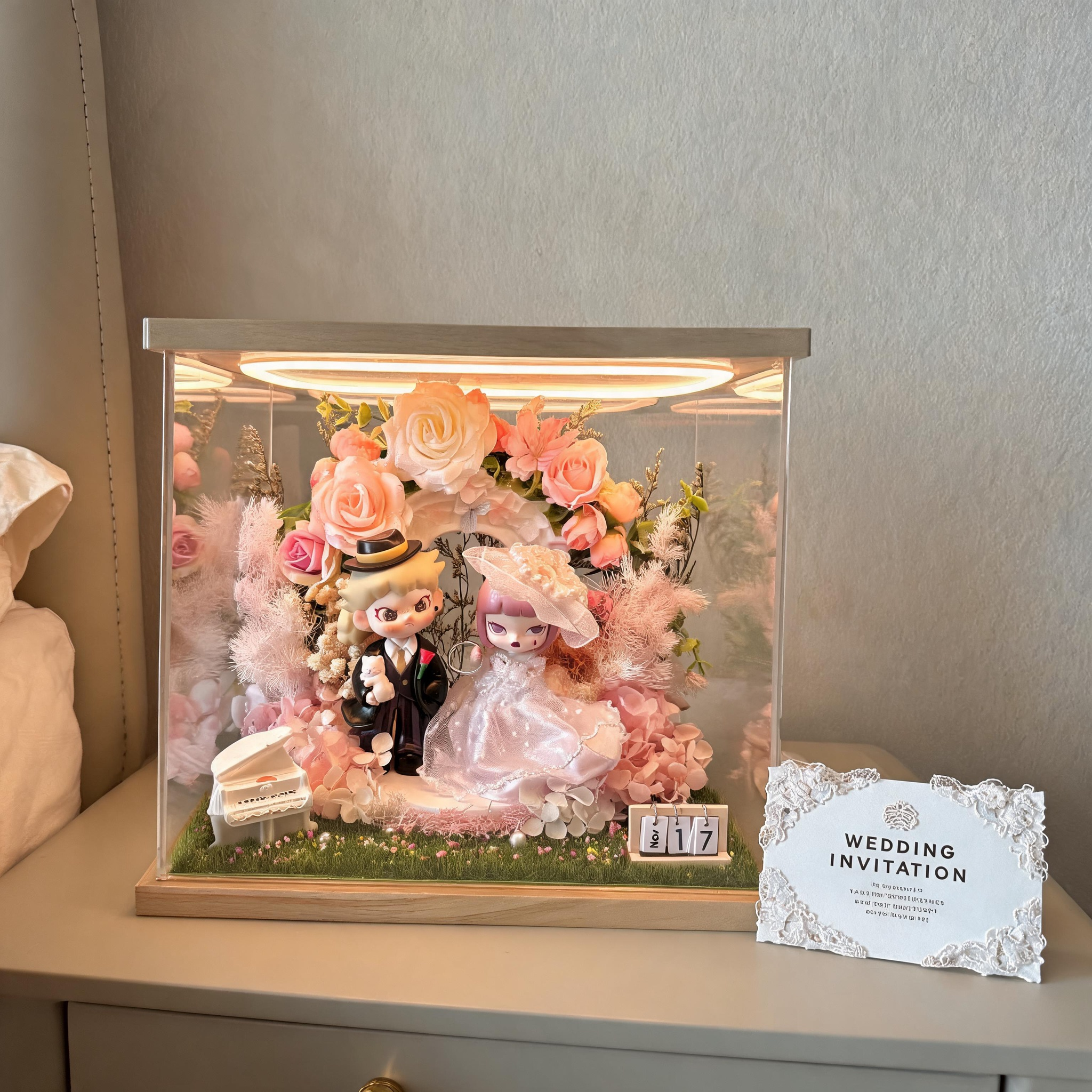 Handmade Wedding Shadow Box with Authentic Dolls – Romantic Floral Diorama & LED Light Box for Brides