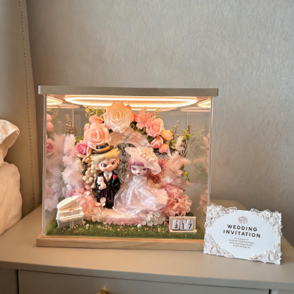 Handmade Wedding Shadow Box with Authentic Dolls – Romantic Floral Diorama & LED Light Box for Brides