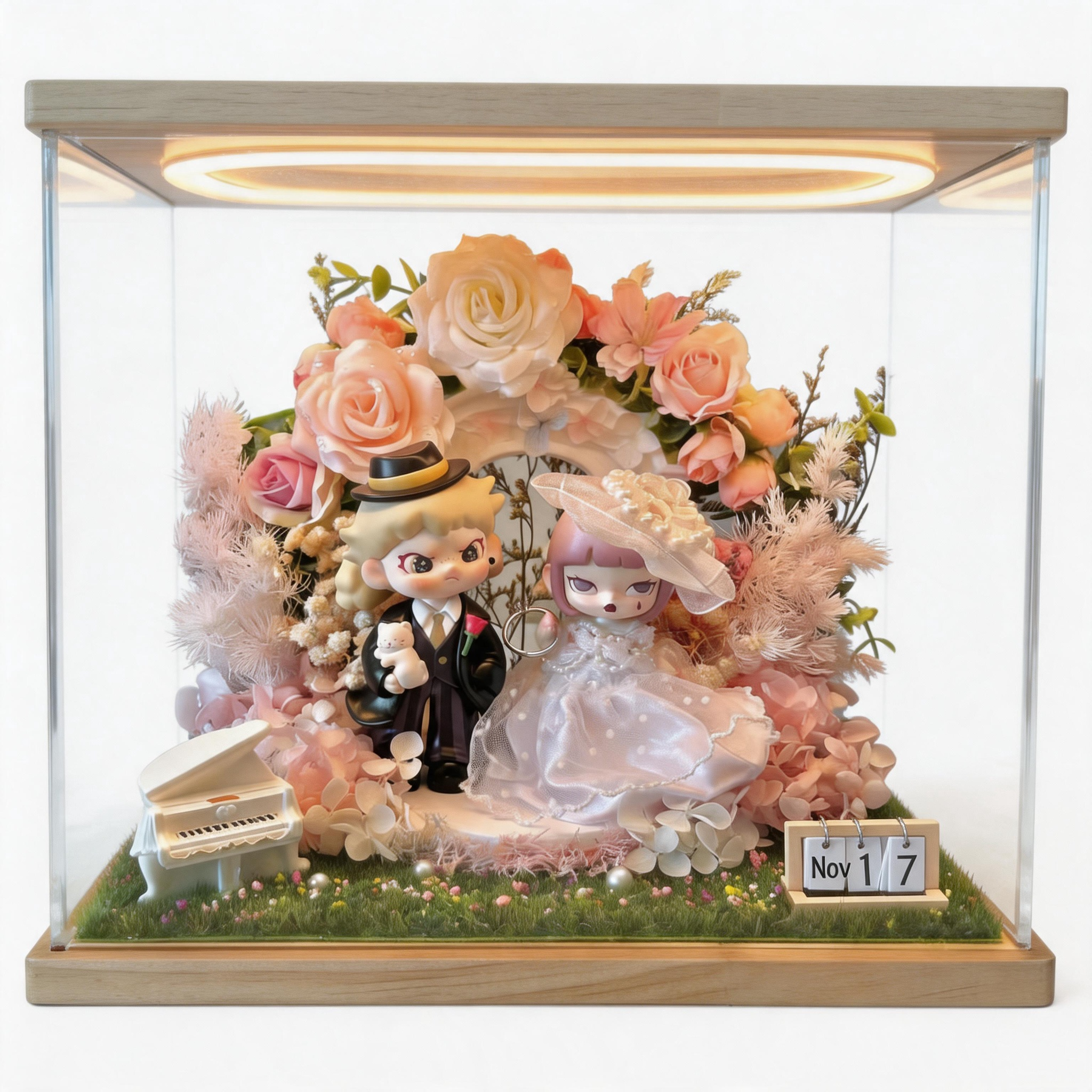 Handmade Wedding Shadow Box with Authentic Dolls – Romantic Floral Diorama & LED Light Box for Brides