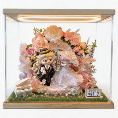 Handmade Wedding Shadow Box with Authentic Dolls – Romantic Floral Diorama & LED Light Box for Brides