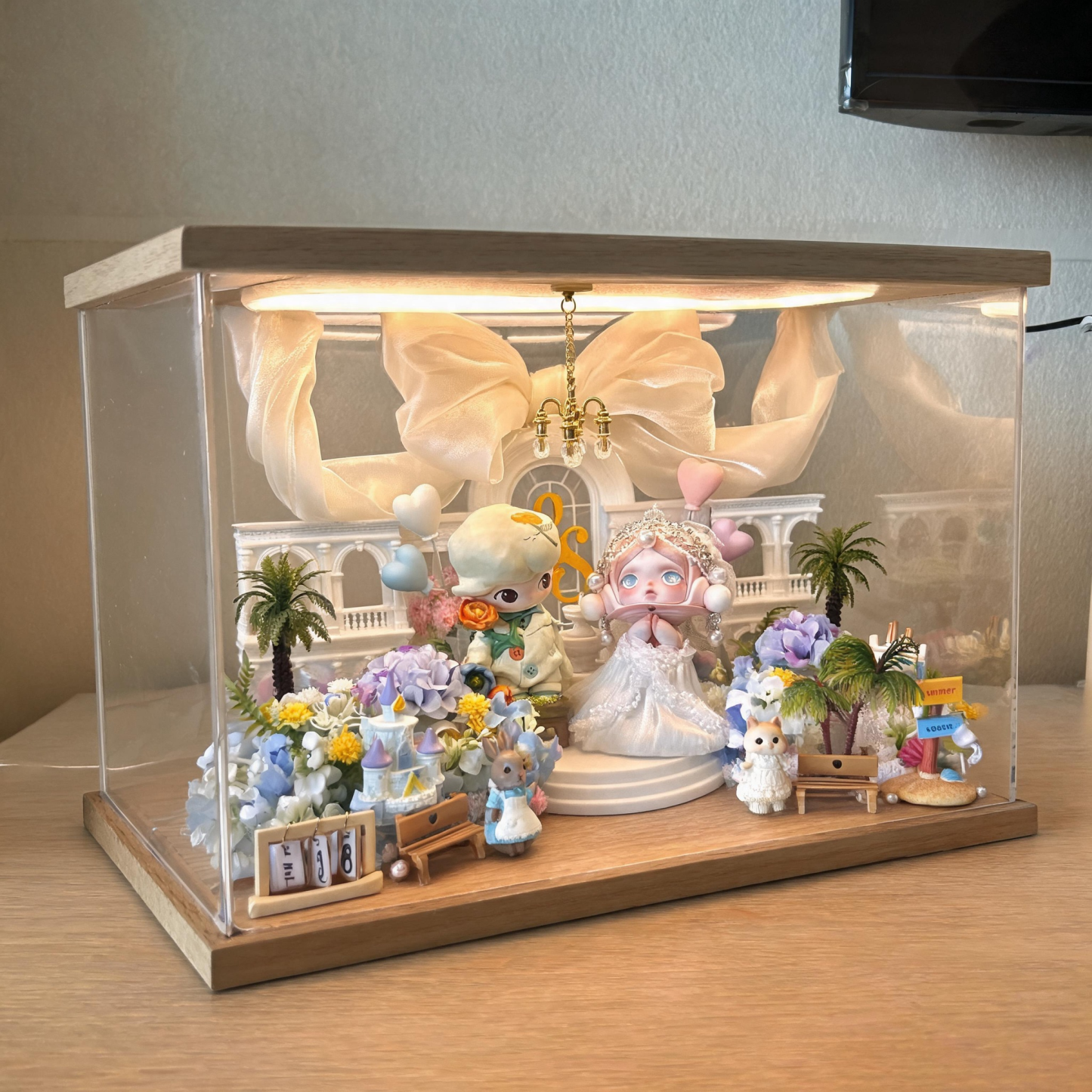 Handmade Wedding Diorama Shadow Box with Authentic Dolls – Romantic Floral Display Case & LED Light Box for Brides, Anniversaries & Collectors