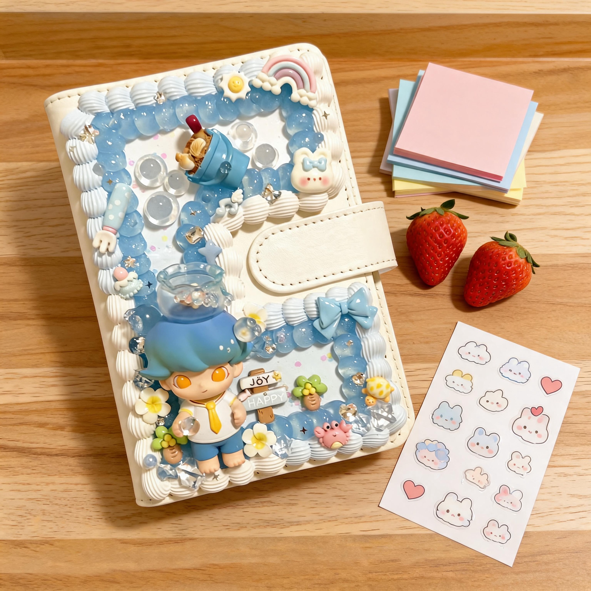 Handmade Decoden Planner Cover with Authentic Dimoo Doll – Kawaii Cream Glue Journal for Girls & Collectors