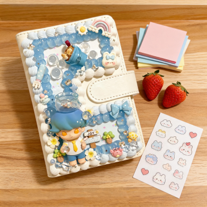 Handmade Decoden Planner Cover with Authentic Dimoo Doll – Kawaii Cream Glue Journal for Girls & Collectors