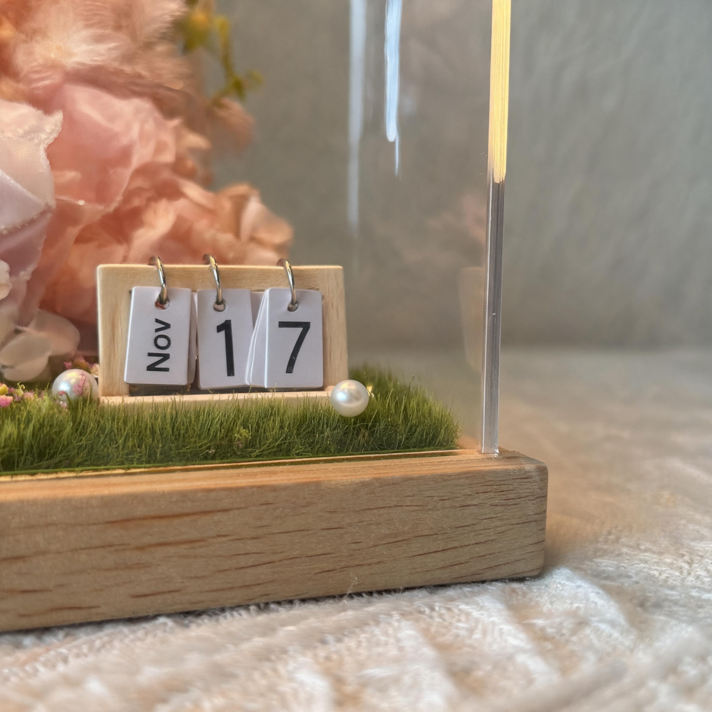 Handmade Wedding Shadow Box with Authentic Dolls – Romantic Floral Diorama & LED Light Box for Brides