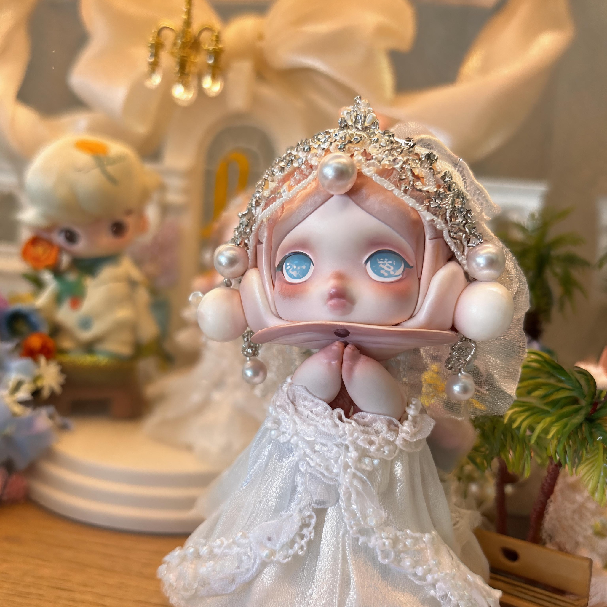 Handmade Wedding Diorama Shadow Box with Authentic Dolls – Romantic Floral Display Case & LED Light Box for Brides, Anniversaries & Collectors