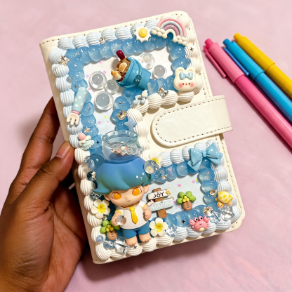 Handmade Decoden Planner Cover with Authentic Dimoo Doll – Kawaii Cream Glue Journal for Girls & Collectors