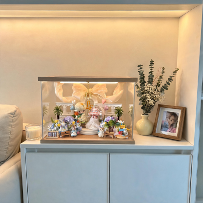 Handmade Wedding Diorama Shadow Box with Authentic Dolls – Romantic Floral Display Case & LED Light Box for Brides, Anniversaries & Collectors