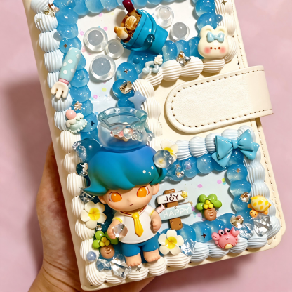 Handmade Decoden Planner Cover with Authentic Dimoo Doll – Kawaii Cream Glue Journal for Girls & Collectors