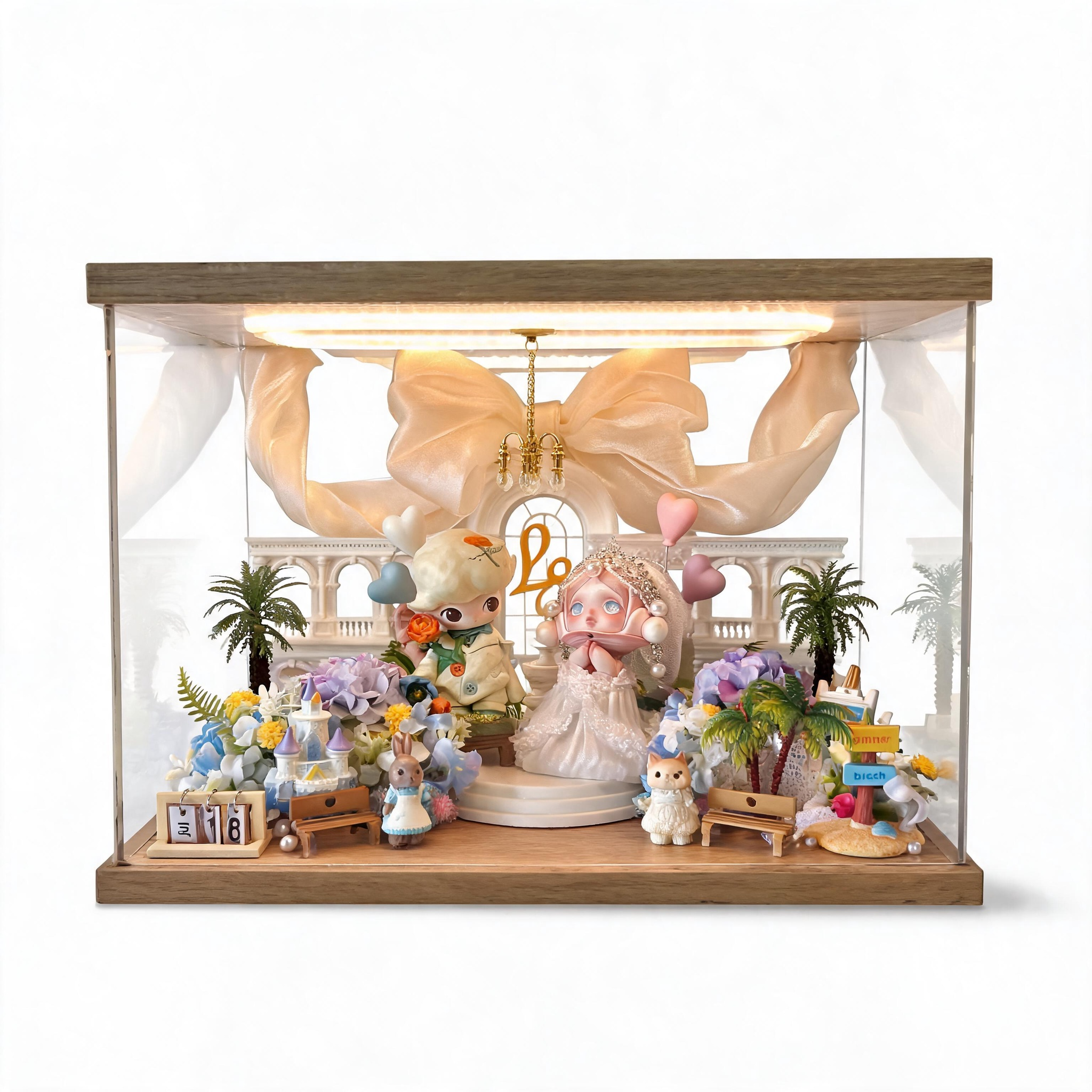 Handmade Wedding Diorama Shadow Box with Authentic Dolls – Romantic Floral Display Case & LED Light Box for Brides, Anniversaries & Collectors