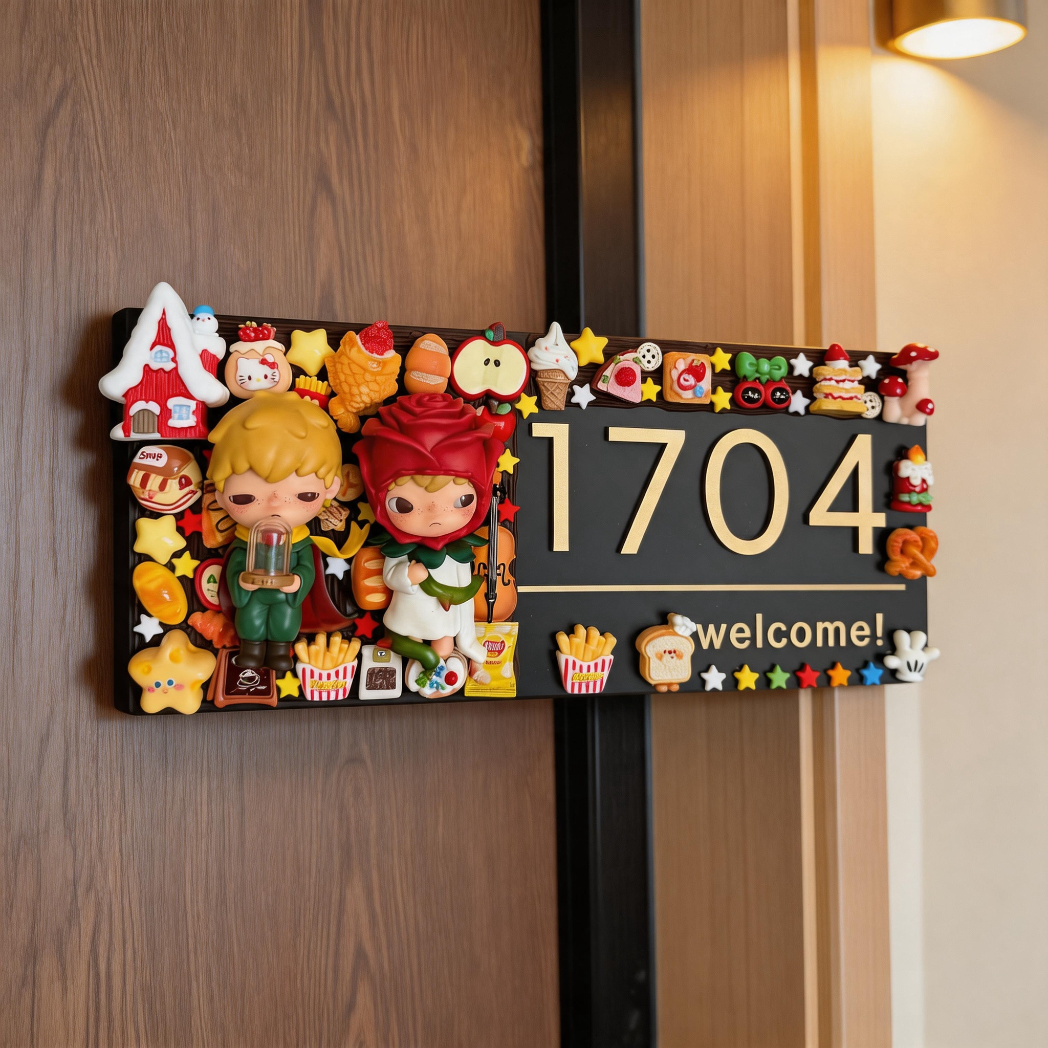 Handmade Whimsical Door Sign with Star Figures & Sweet Decor - Customizable House Number Plaque for Home Entryway