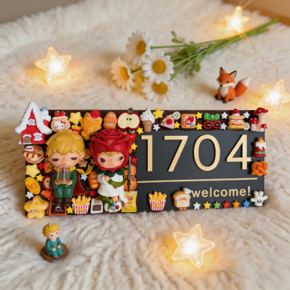 Handmade Whimsical Door Sign with Star Figures & Sweet Decor - Customizable House Number Plaque for Home Entryway