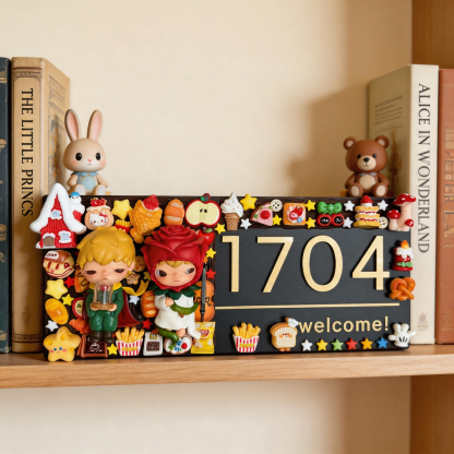 Handmade Whimsical Door Sign with Star Figures & Sweet Decor - Customizable House Number Plaque for Home Entryway
