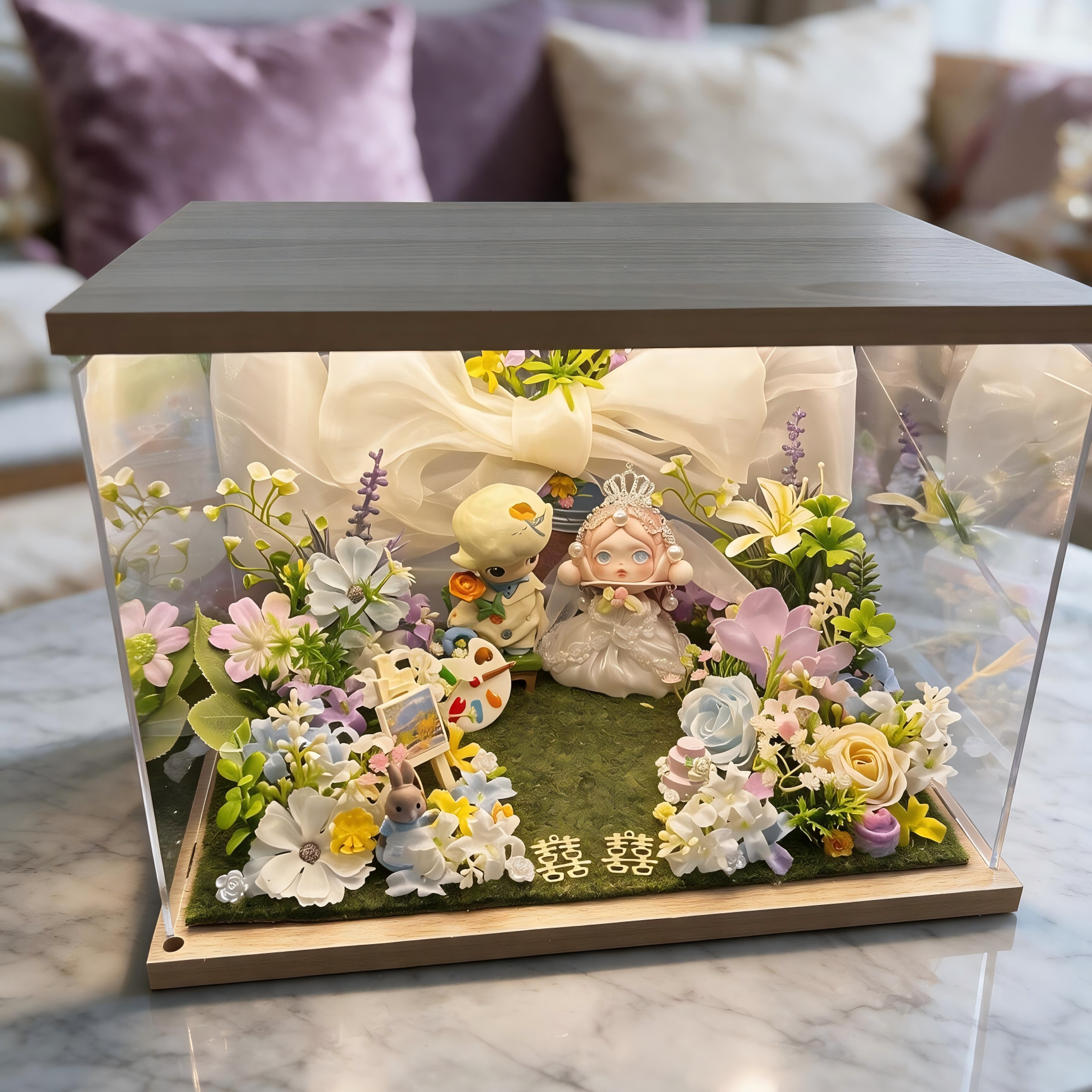 Romantic Wedding Keepsake Diorama - Handmade Acrylic Display with Bride & Groom Dolls, Flowers & LED Light for Newlyweds