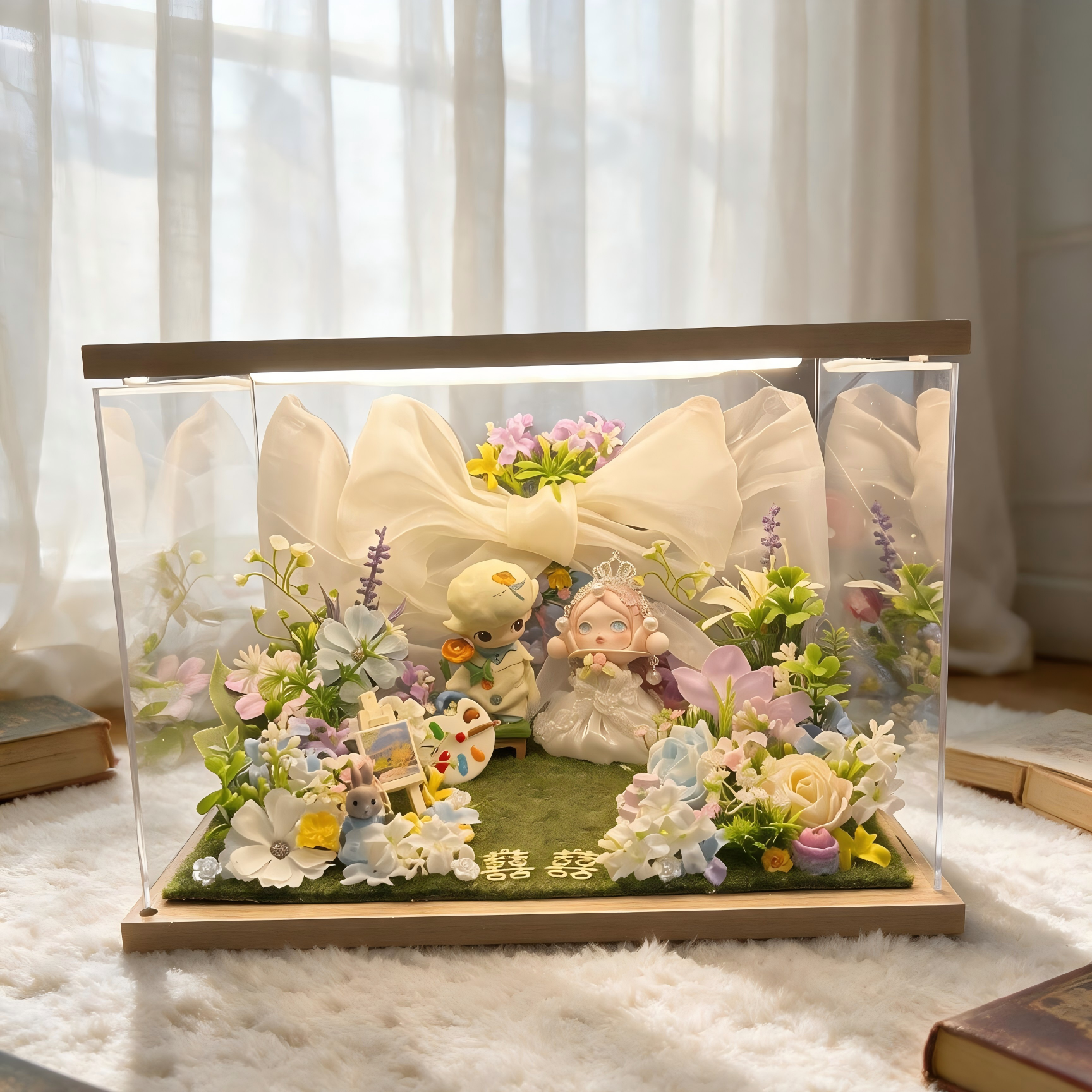 Romantic Wedding Keepsake Diorama - Handmade Acrylic Display with Bride & Groom Dolls, Flowers & LED Light for Newlyweds