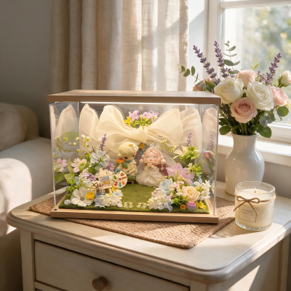 Romantic Wedding Keepsake Diorama - Handmade Acrylic Display with Bride & Groom Dolls, Flowers & LED Light for Newlyweds