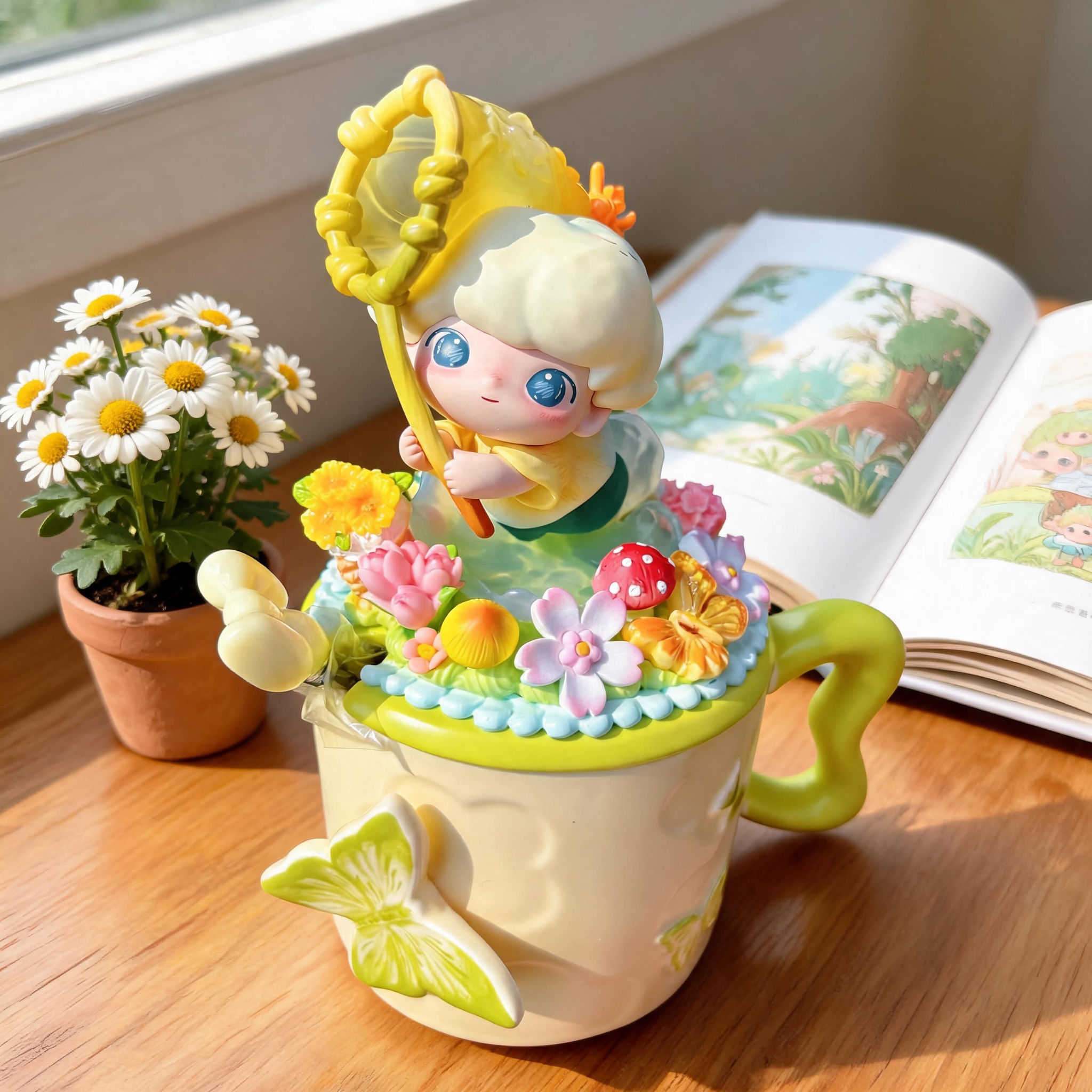 Authentic POP MART DIMOO Spring Flower Catcher Handmade Cream Glue Mug - Collectible Ceramic Cup with 3D Floral Decor, Perfect Gift for Girls & Blind Box Fans
