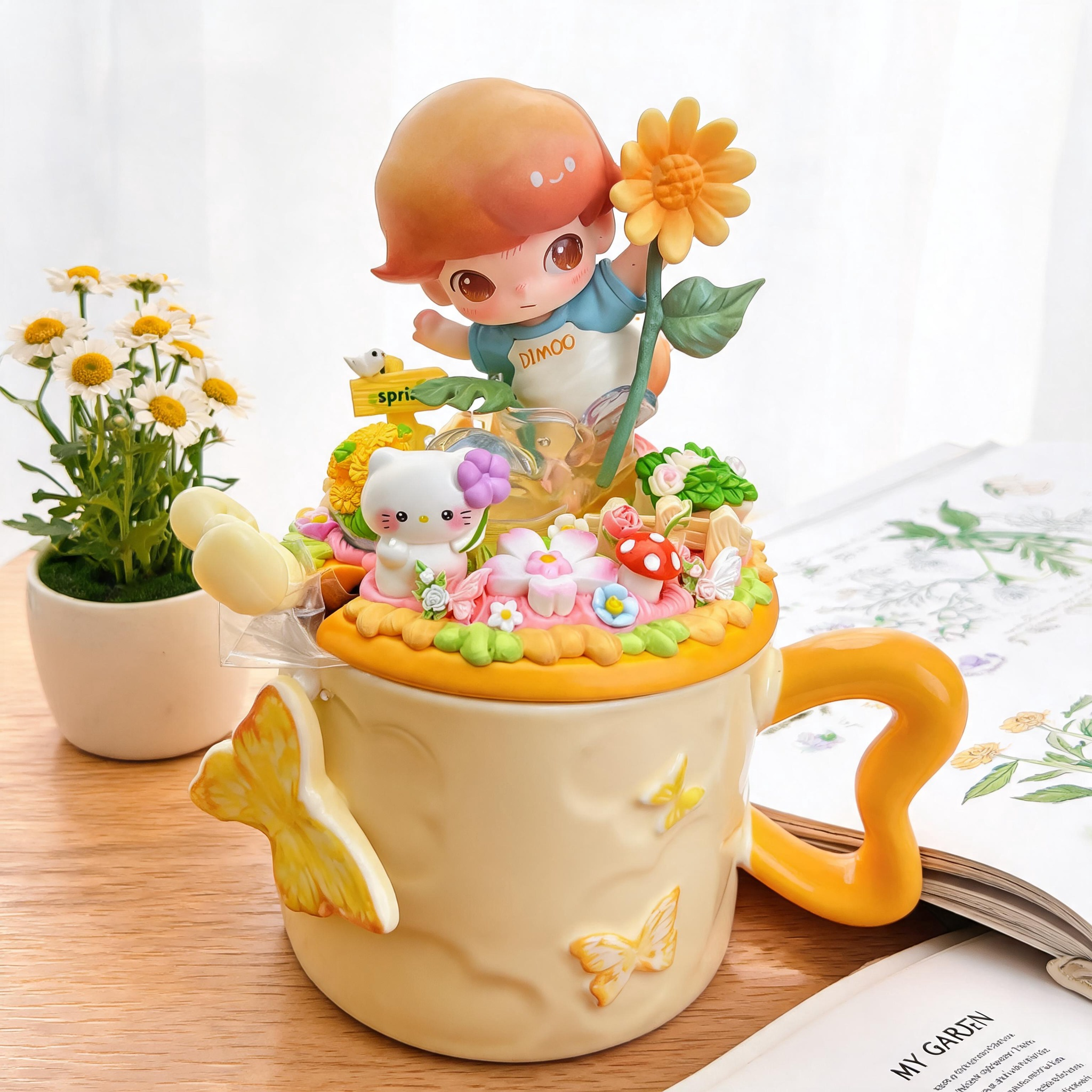 Handmade Spring Ceramic Mug Gift Box | Butterfly Relief + Sunflower Floral + Cute Doll Decor, Perfect Mother’s Day / Bestie Gift