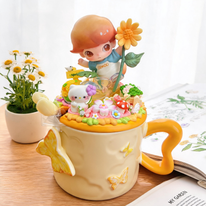 Handmade Spring Ceramic Mug Gift Box | Butterfly Relief + Sunflower Floral + Cute Doll Decor, Perfect Mother’s Day / Bestie Gift