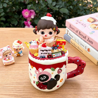 Handmade Bakery-Themed Ceramic Mug Gift Box | Cute Doll + Mini Desserts + Cat Illustration, Perfect Birthday / Holiday Gift for Besties