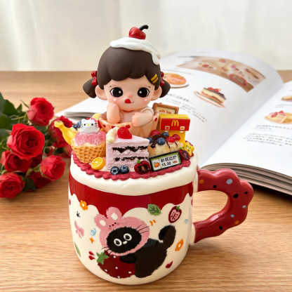 Handmade Bakery-Themed Ceramic Mug Gift Box | Cute Doll + Mini Desserts + Cat Illustration, Perfect Birthday / Holiday Gift for Besties