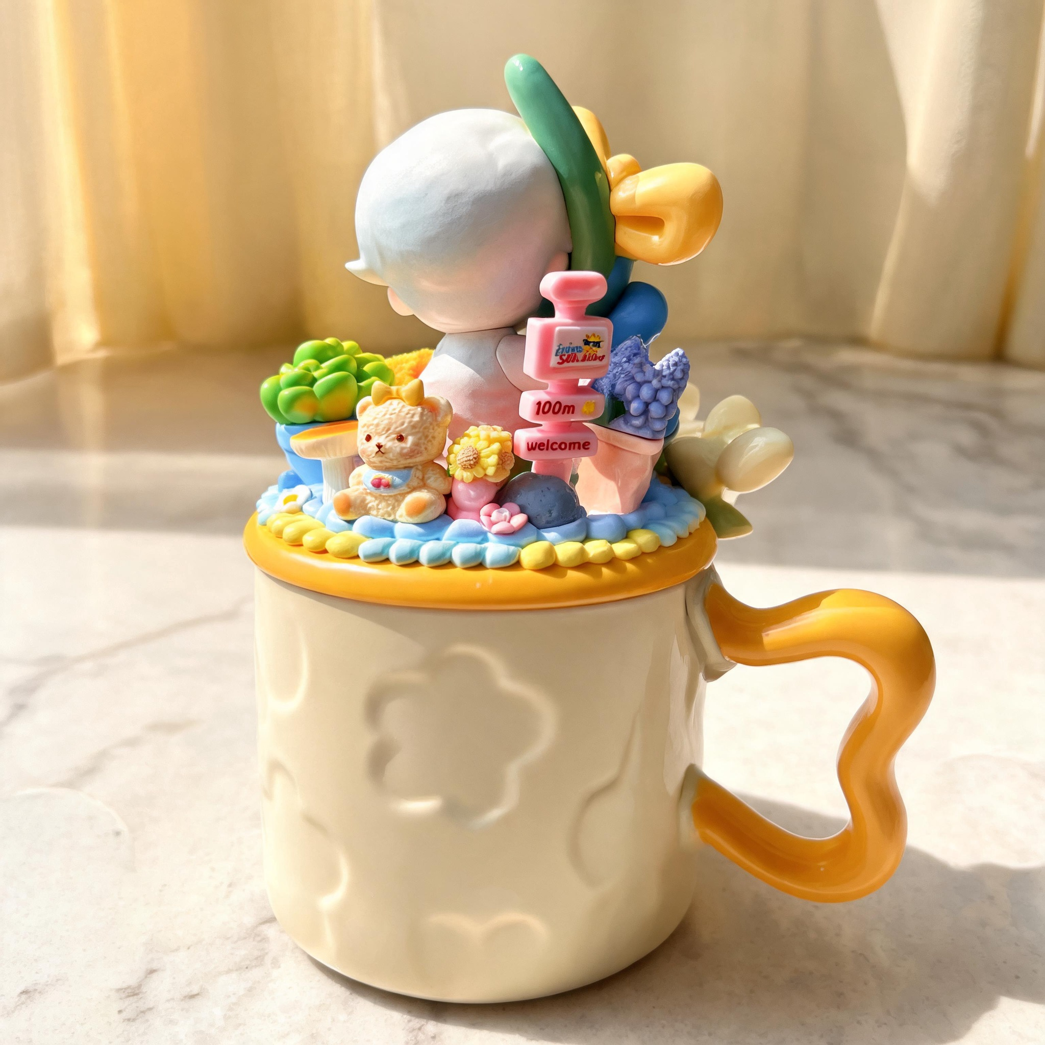 Handmade Spring Garden Ceramic Mug Gift Box | DIMOO Doll + 3D Floral + Butterfly Relief, Perfect Birthday / Holiday Gift for Besties