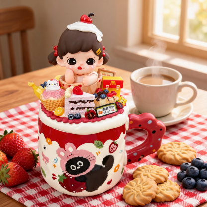 Handmade Bakery-Themed Ceramic Mug Gift Box | Cute Doll + Mini Desserts + Cat Illustration, Perfect Birthday / Holiday Gift for Besties