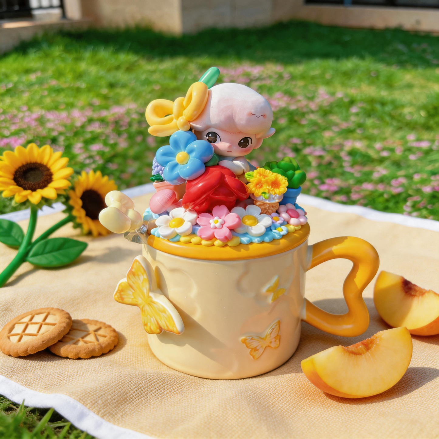 Handmade Spring Garden Ceramic Mug Gift Box | DIMOO Doll + 3D Floral + Butterfly Relief, Perfect Birthday / Holiday Gift for Besties