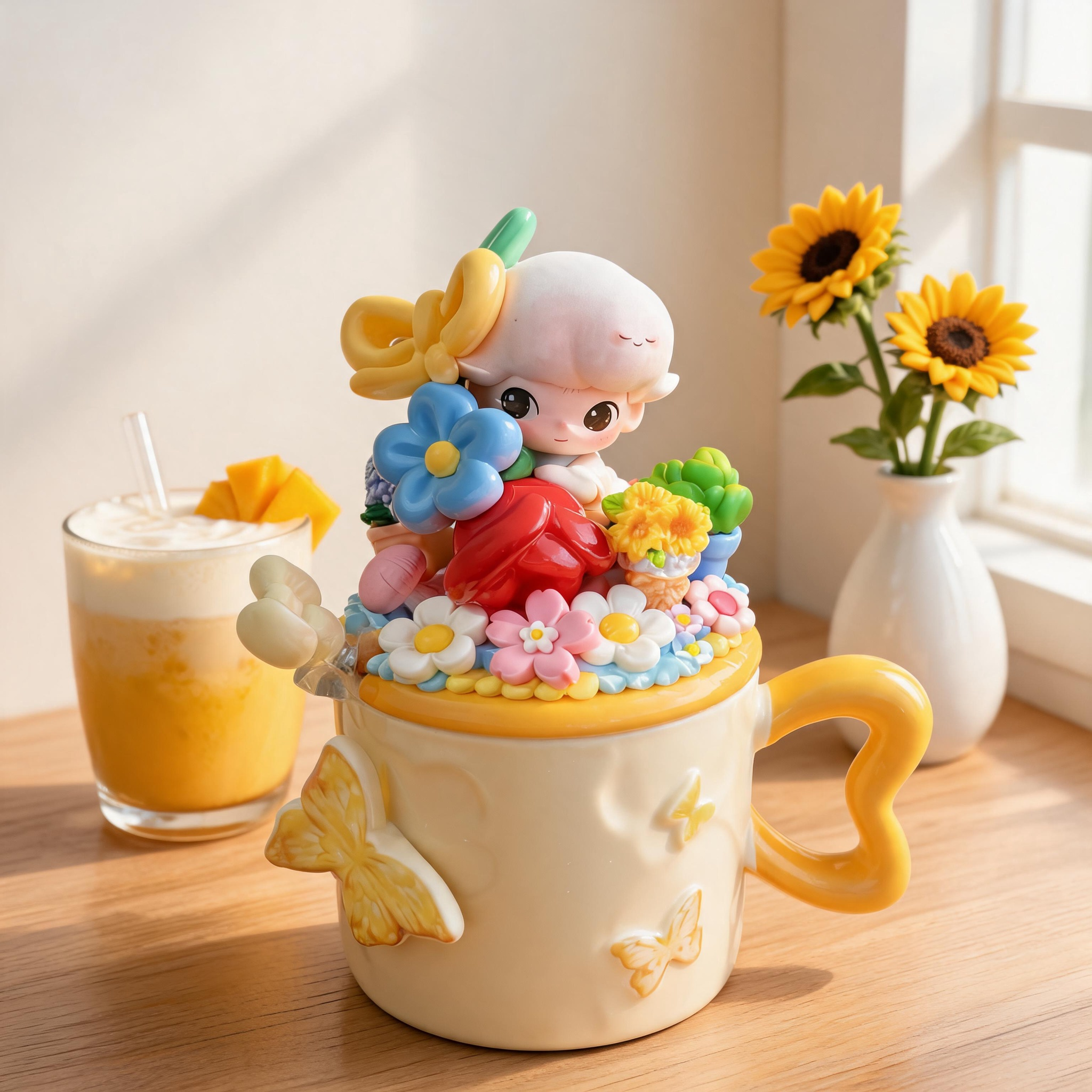 Handmade Spring Garden Ceramic Mug Gift Box | DIMOO Doll + 3D Floral + Butterfly Relief, Perfect Birthday / Holiday Gift for Besties
