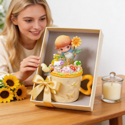 Handmade Spring Ceramic Mug Gift Box | Butterfly Relief + Sunflower Floral + Cute Doll Decor, Perfect Mother’s Day / Bestie Gift