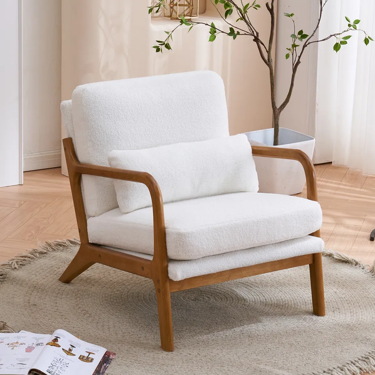 Fauteuil Lemley – Design Mid-Century en Bois Massif avec Coussin Supplémentaire