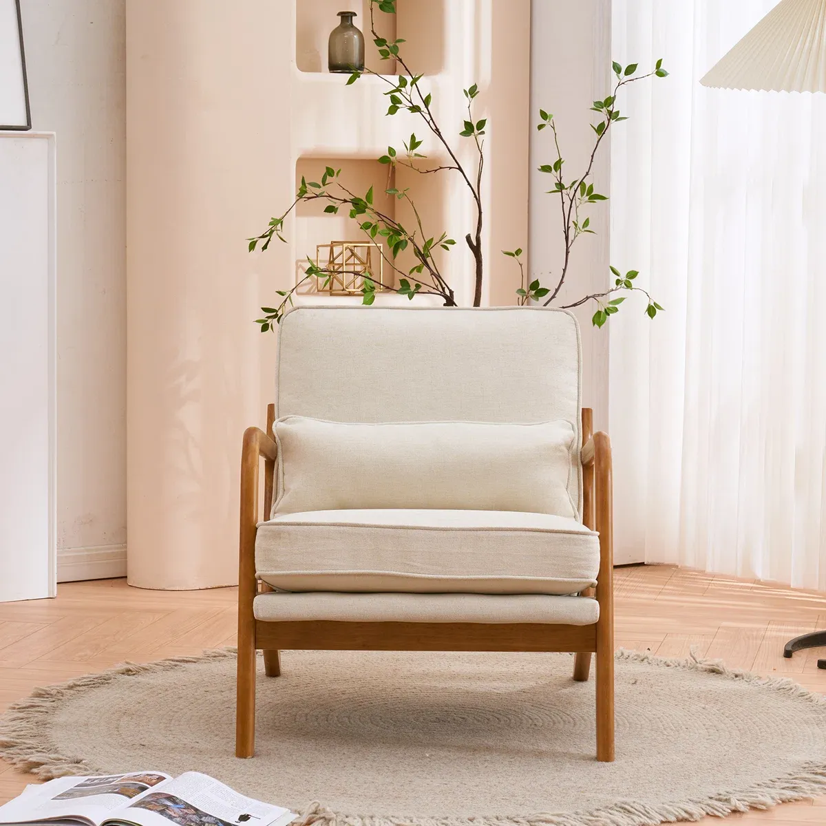Fauteuil Lemley – Design Mid-Century en Bois Massif avec Coussin Supplémentaire