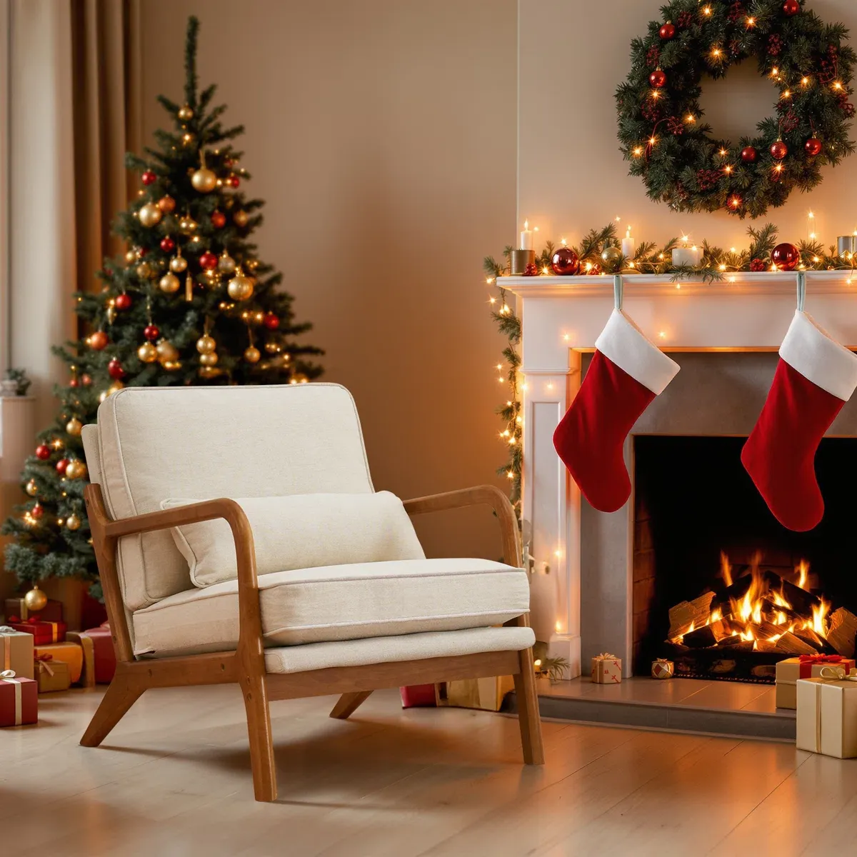 Fauteuil Lemley – Design Mid-Century en Bois Massif avec Coussin Supplémentaire