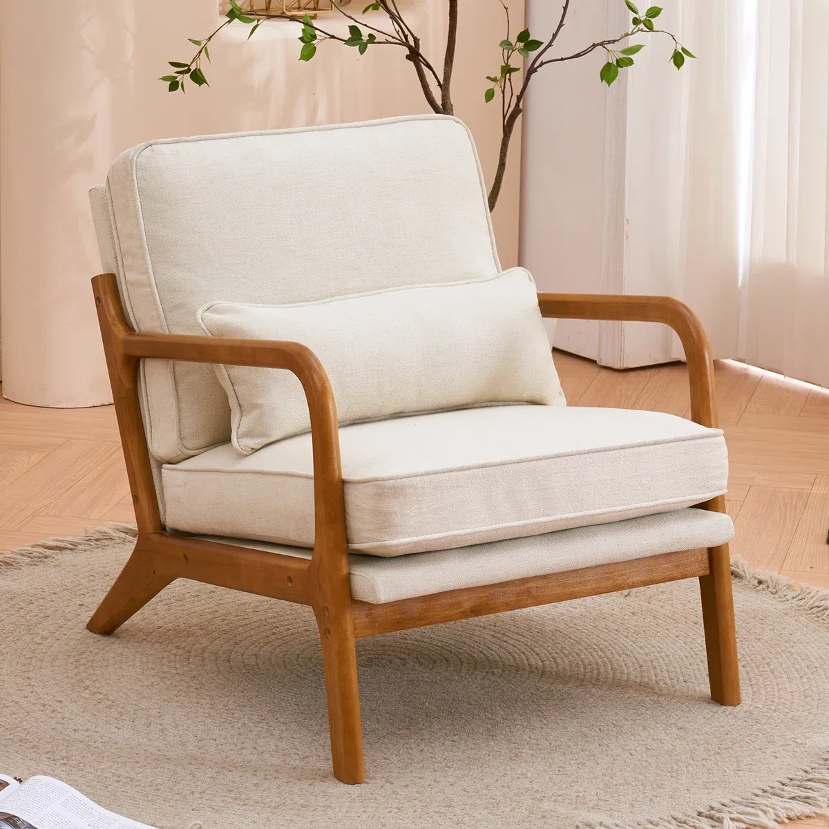 Fauteuil Lemley – Design Mid-Century en Bois Massif avec Coussin Supplémentaire