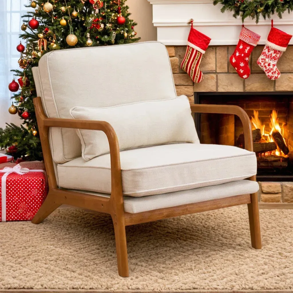 Fauteuil Lemley – Design Mid-Century en Bois Massif avec Coussin Supplémentaire