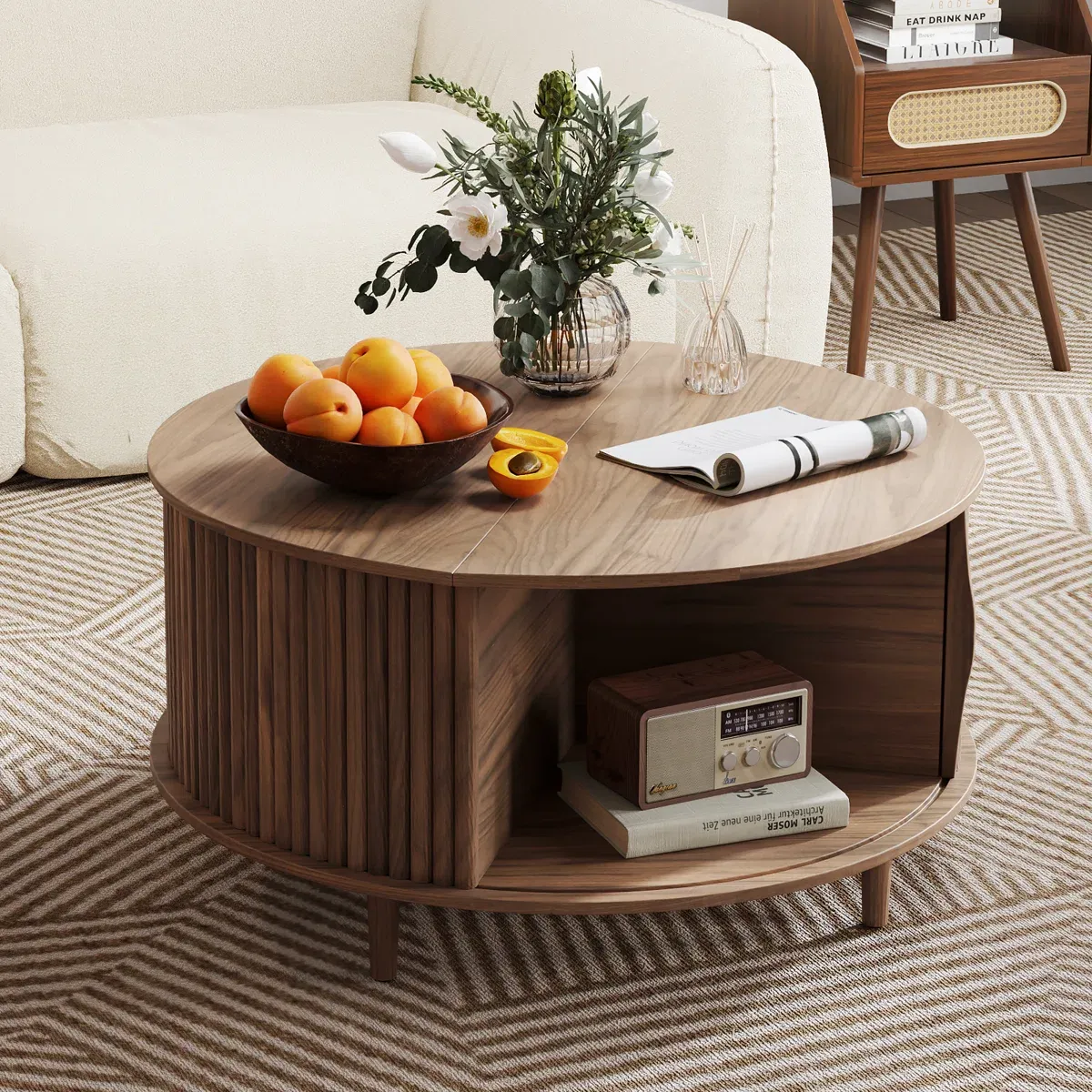 Table basse ronde design vintage – avec espace de rangement