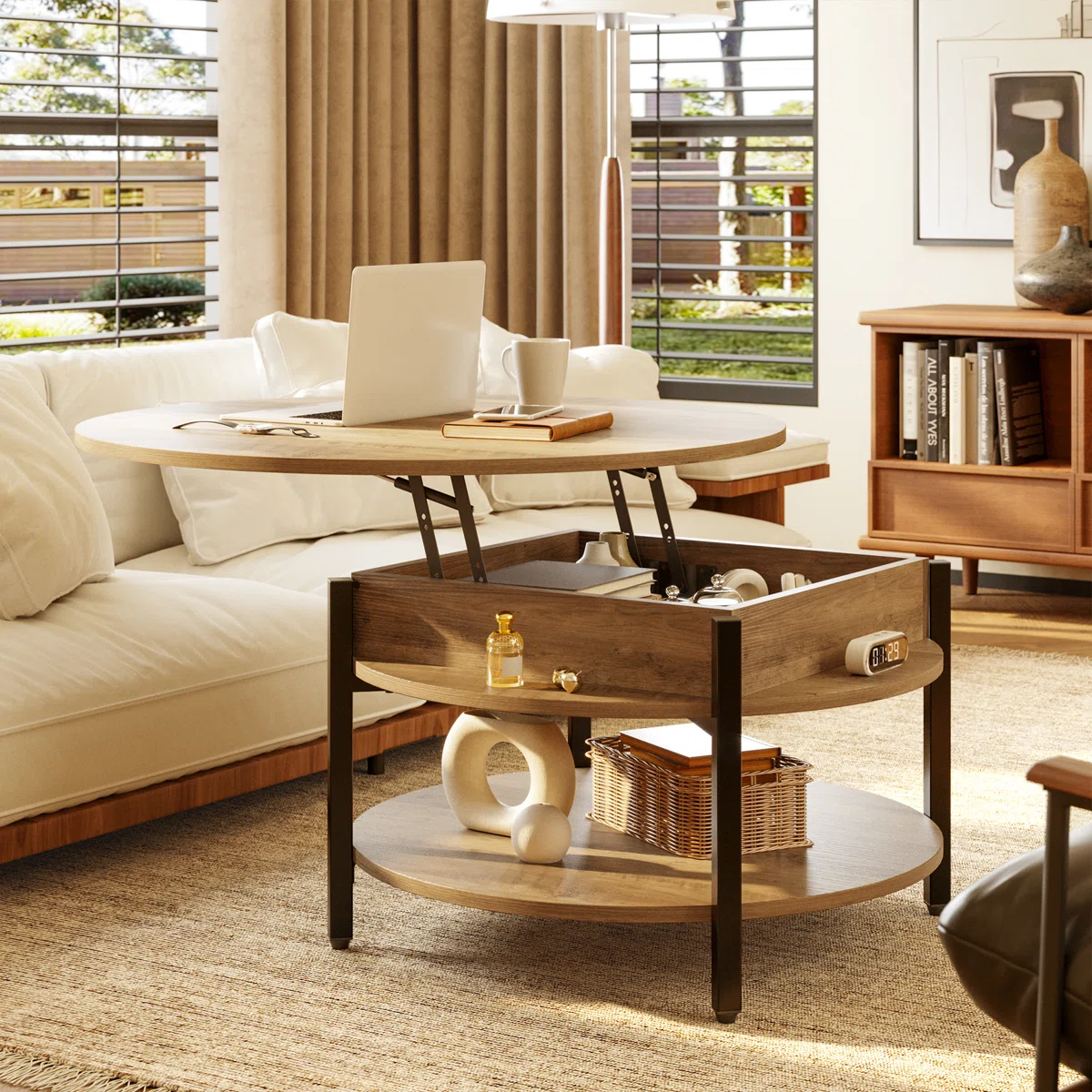 Table basse ronde relevable en bois avec rangement – Wynny 68 cm