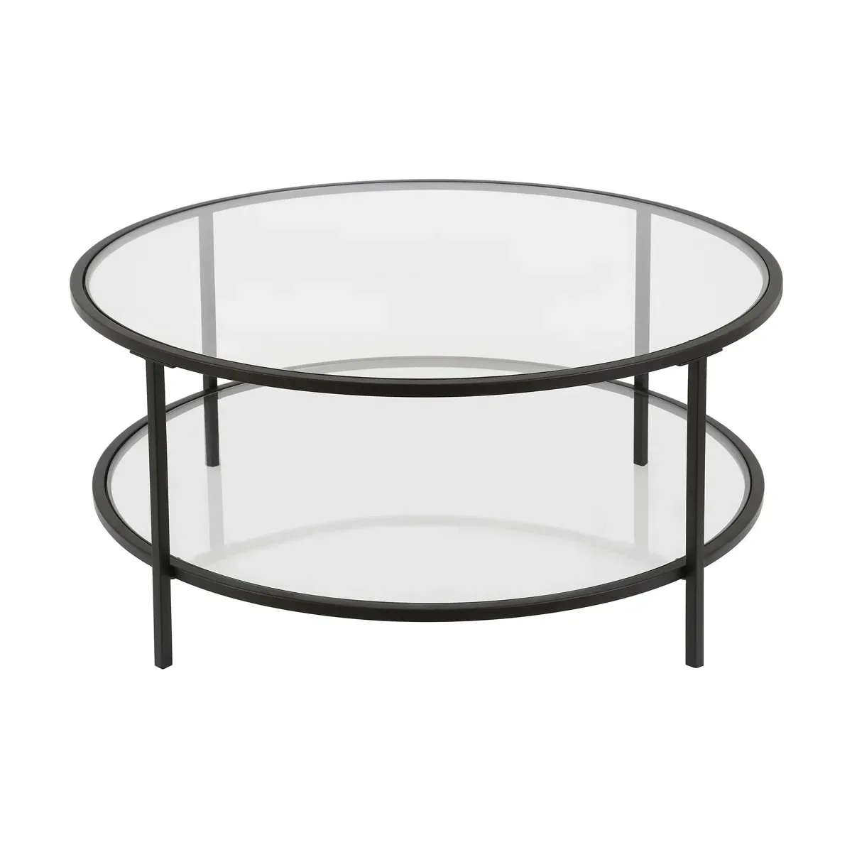 Table basse ronde Ceno – Verre trempé et acier noir avec étagère
