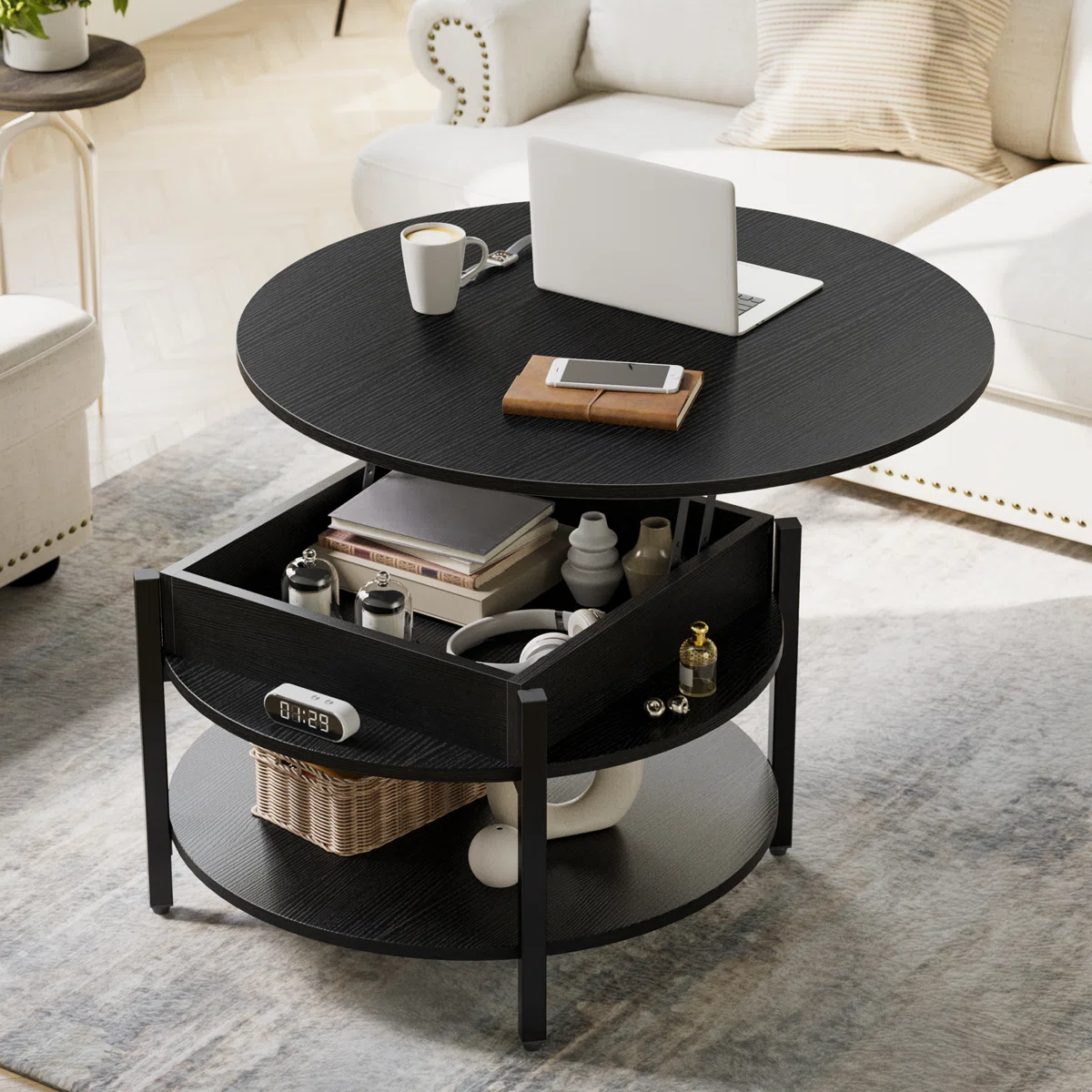 ]Table basse ronde relevable en bois avec rangement – Wynny 68 cm