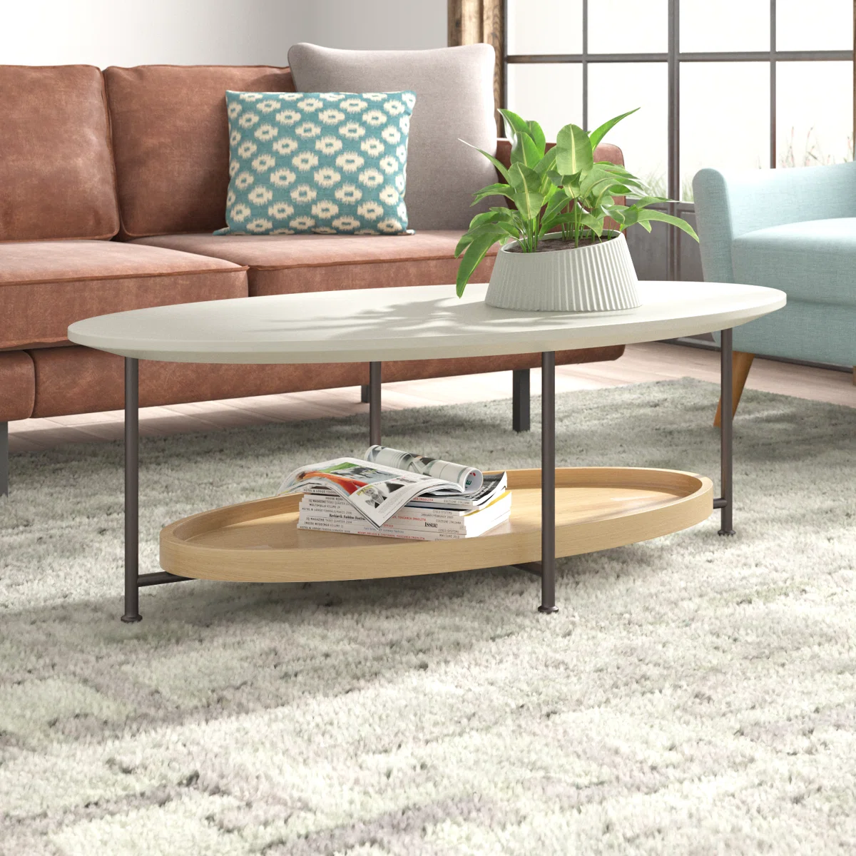 Table basse ovale Beaumont – Finition bois naturel et blanc avec étagère basse