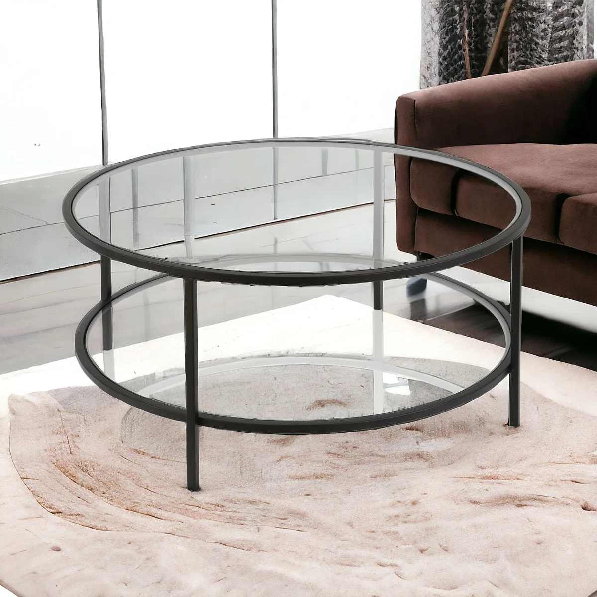 Table basse ronde Ceno – Verre trempé et acier noir avec étagère