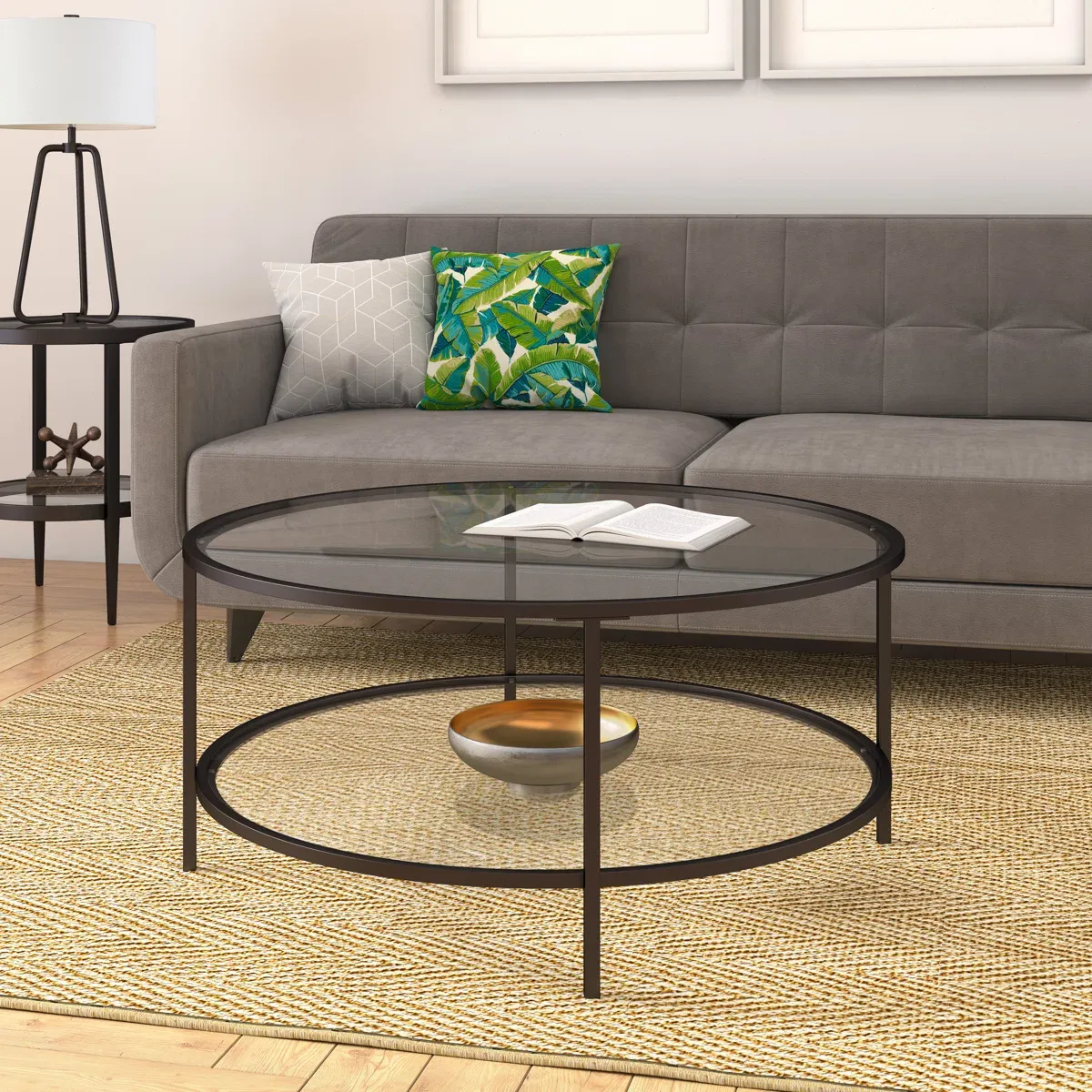 Table basse ronde Ceno – Verre trempé et acier noir avec étagère