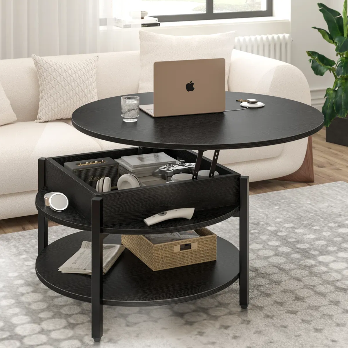 ]Table basse ronde relevable en bois avec rangement – Wynny 68 cm