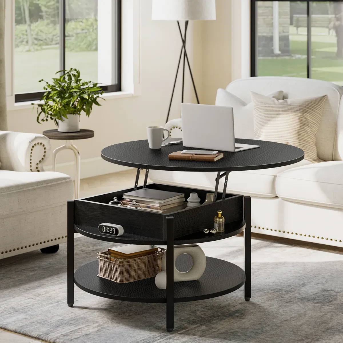 ]Table basse ronde relevable en bois avec rangement – Wynny 68 cm