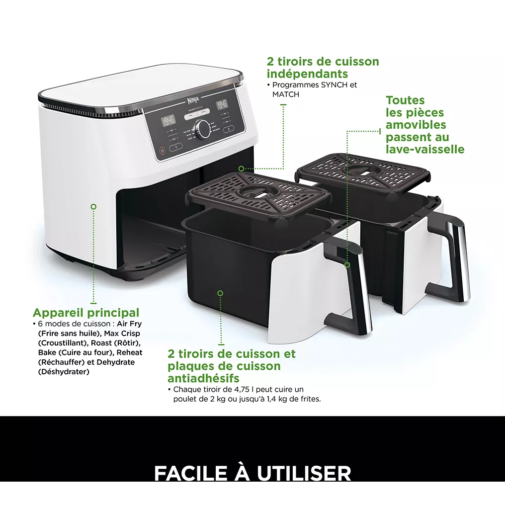 NINJA Friteuse sans huile NINJA Foodi Max Dual zone 9,5L AF400EUWH 