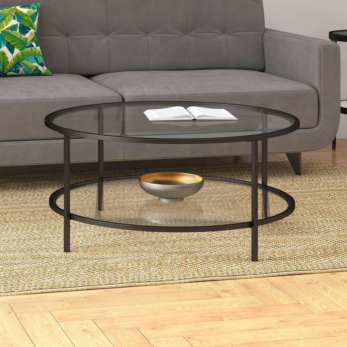 Table basse ronde Ceno – Verre trempé et acier noir avec étagère