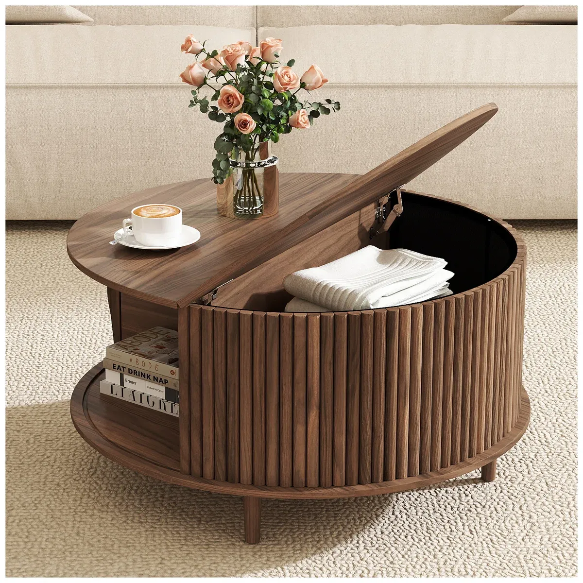 Table basse ronde design vintage – avec espace de rangement