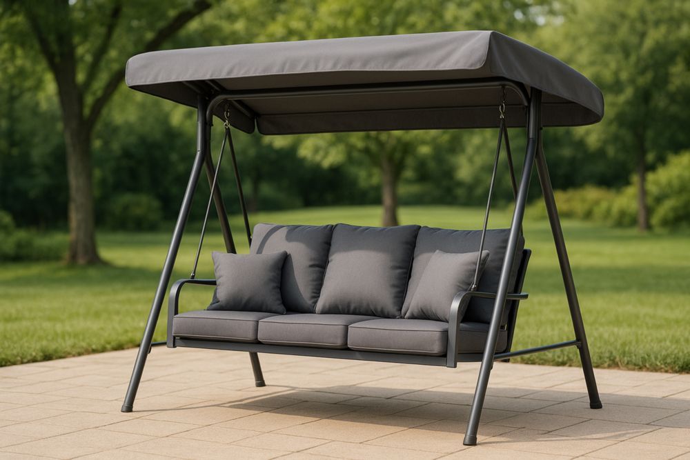 Balancelle de jardin à trois places en métal avec auvent réglable gris-jardinvitaluz