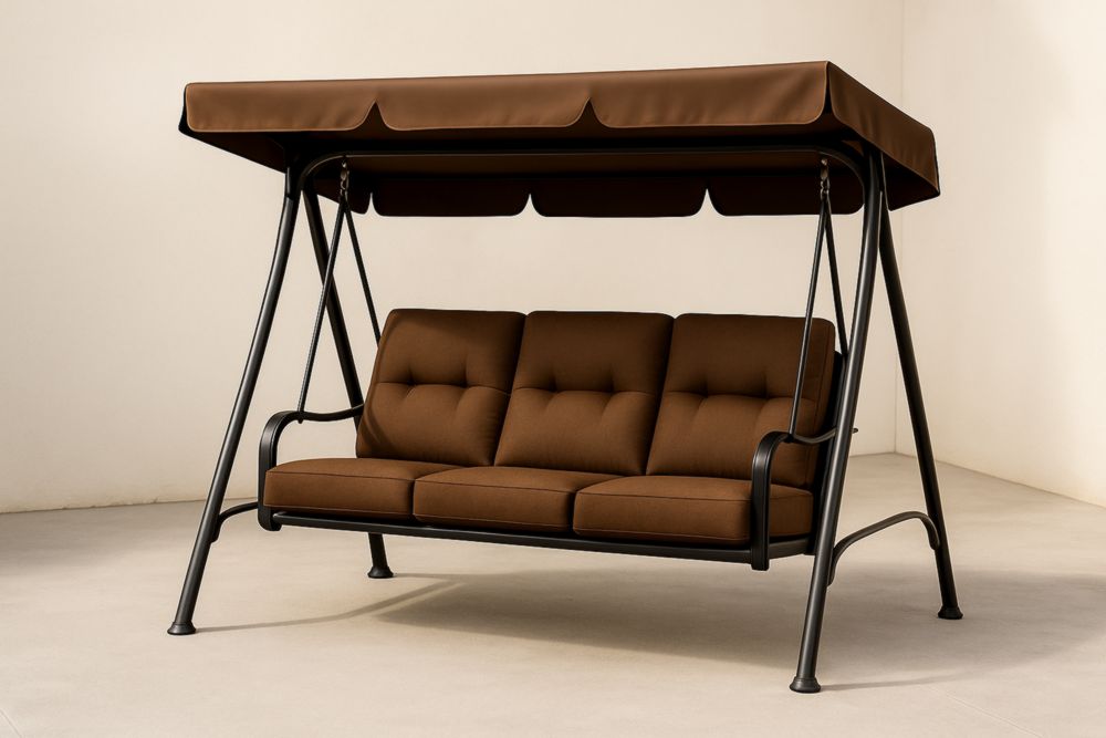 Balancelle de Jardin Métal Trois Places Coussin Tissu Brun Toit Amovible-jardinvitaluz