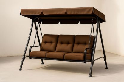 Balancelle de Jardin Métal Trois Places Coussin Tissu Brun Toit Amovible-jardinvitaluz